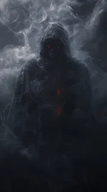 Hooded wraith with ember core emerges from volumetric smoke