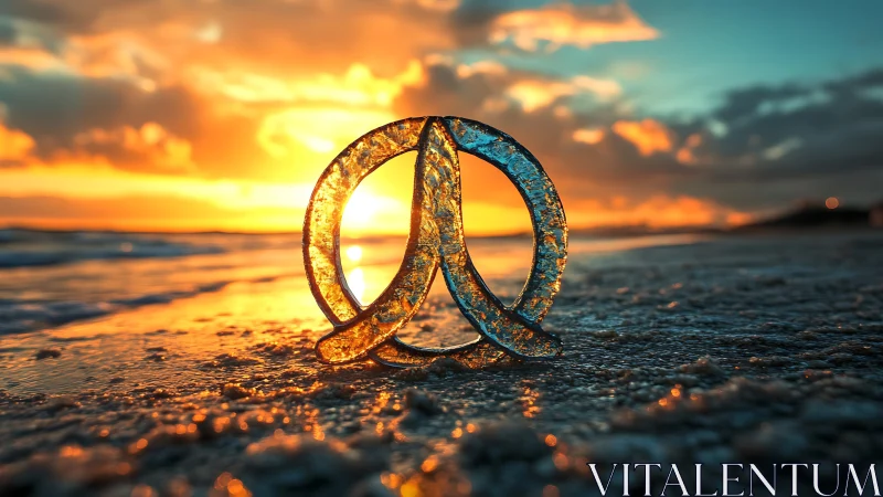 Sunlit peace emblem resting on reflective shoreline at dusk.