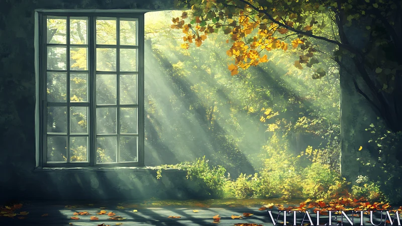 Sunlit forest window frames tranquil autumn foliage glow.