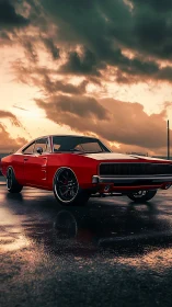 Crimson muscle car stalks a rain-soaked sunset horizon.