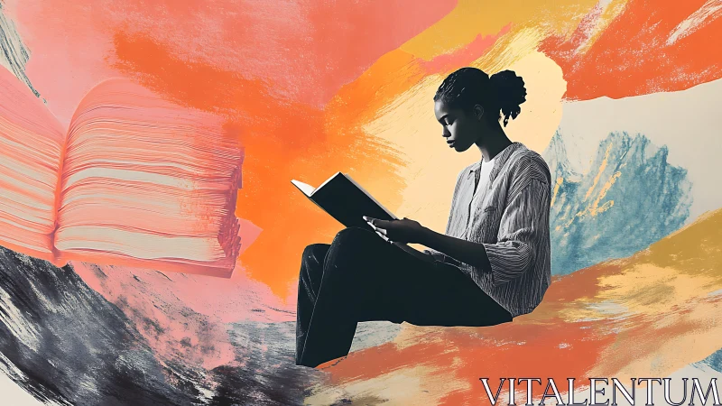 Solitary reader drifting through sherbet colored story clouds.