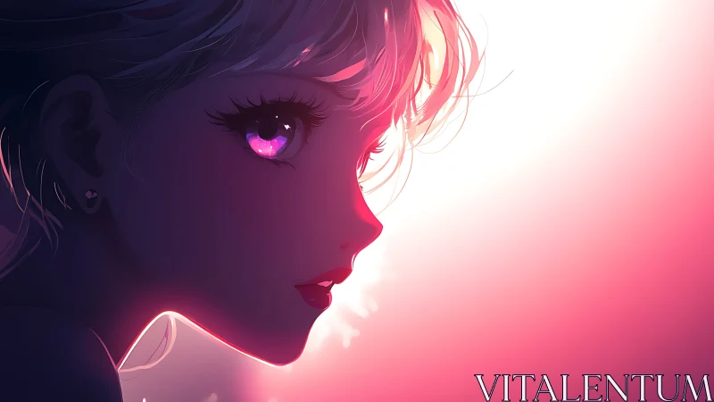 Soft neon gaze in a dreamy pink and purple twilight glow.