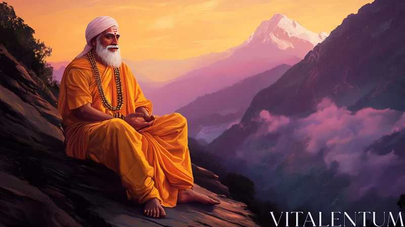 Meditating sage in saffron robes overlooking layered Himalayan ridge