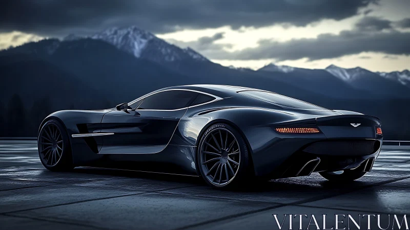 Rendered dark sports coupe is parked before distant mountains