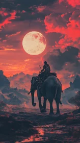 Warrior on elephant under red moonlit sky at dusk.