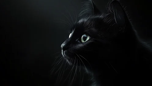 Black Feline Portrait with Luminescent Emerald Eyes Against Dark Background.
