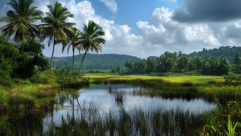Quiet tropical pond cradled by palms and soft green hills.