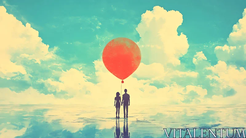 Silhouetted couple holds red balloon under vast cyan sky