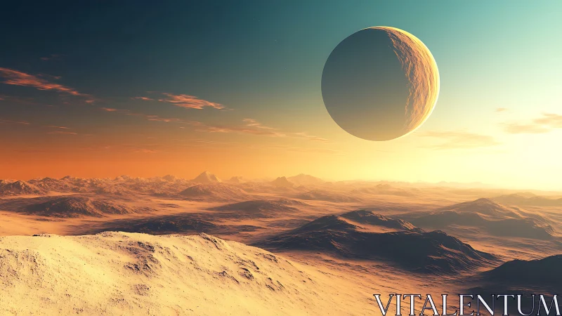 Exoplanetary terminator above irradiated desert basin horizon.