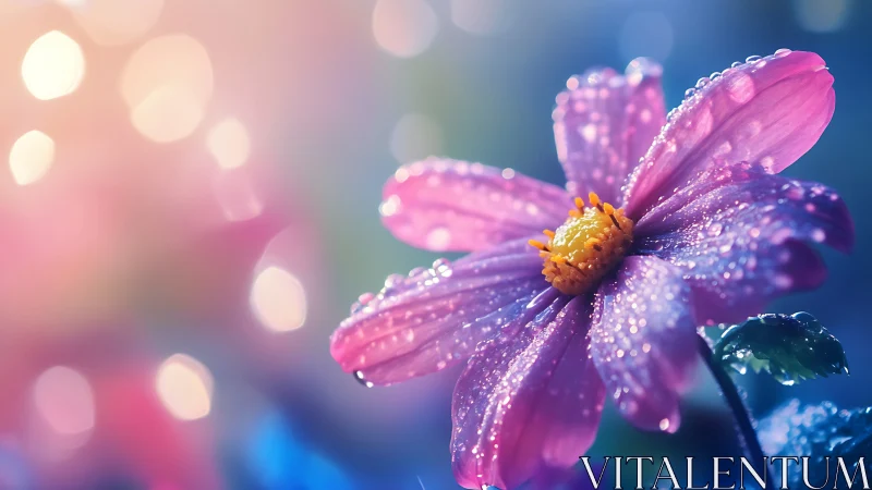 Purple Daisy Covered in Raindrops Against Soft Blue Bokeh Background.