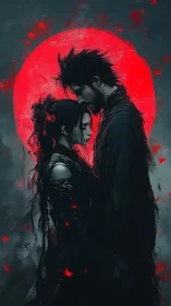 Tender moonlit embrace beneath a bold crimson sky.