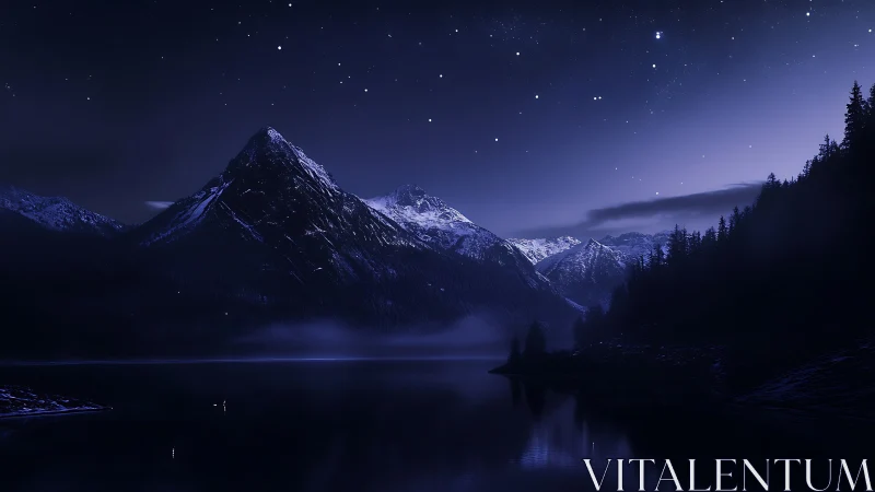 Nocturnal alpine lake under star-dense sky in cool blue tones