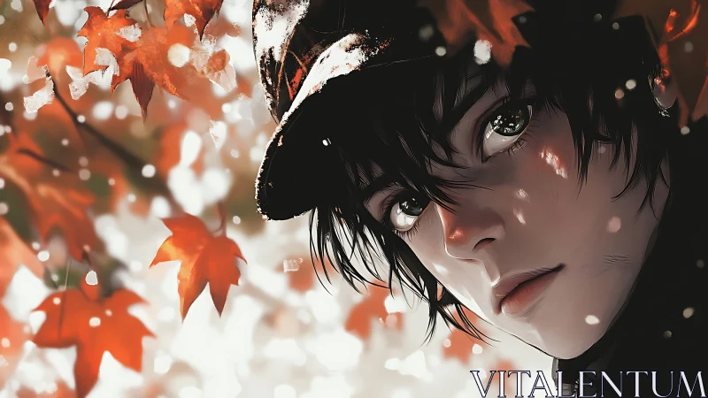 Autumn anime portrait with reflective gaze and maple leaves.