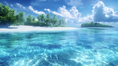 Tropical Island Lagoon with White Sand Beach.
