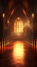 Golden light flooding a vaulted cathedral nave at dusk.