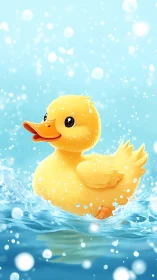Playful yellow duckling splashing through luminous water.