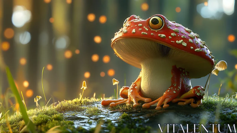 Bioluminescent forest toadstool-frog hybrid in macro focus.