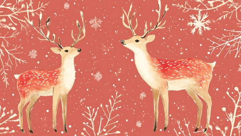 Red winter deer stand amid falling snow and branches.