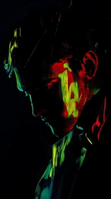 Neon-lit male silhouette in brooding side profile portrait.