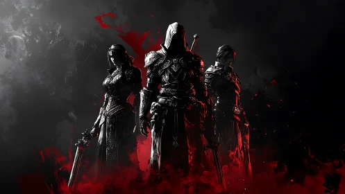 Bladebound shadows stride forward through rising crimson mist