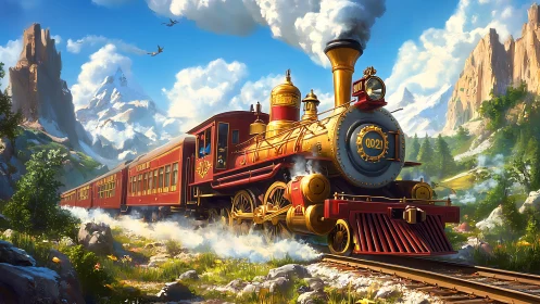 Golden steam locomotive powers through bright alpine valley.
