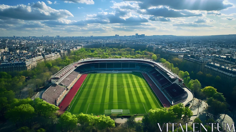 Urban football stadium within dense city landscape panorama.
