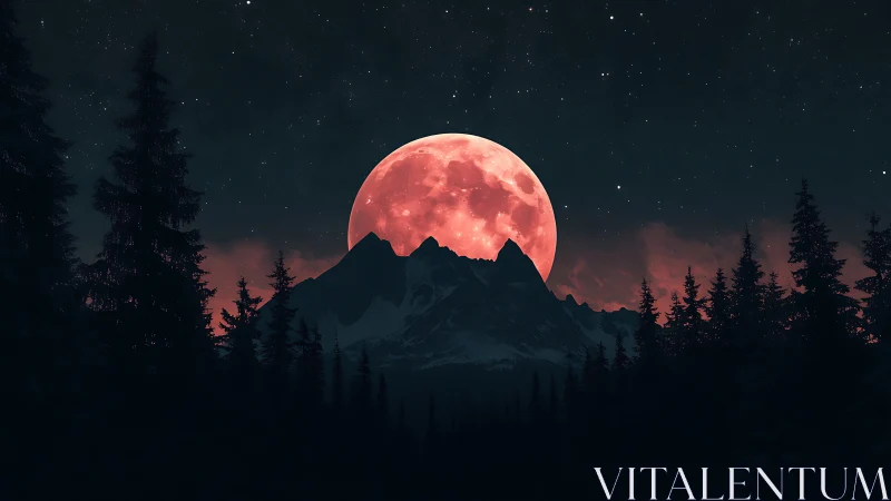 Red full moon aligned behind coniferous mountain ridge.