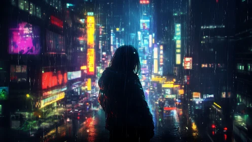 Solitary silhouette in neon drenched rainy cyberpunk megacity