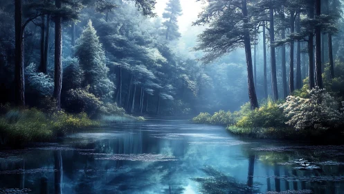 Verdant Forest Corridor with Atmospheric Light Diffusion and Specular Water Reflection