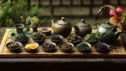 Gentle tea ritual with rustic pots and vibrant loose leaves.