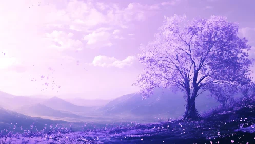 Digital painting of violet spring tree in panoramic valley.