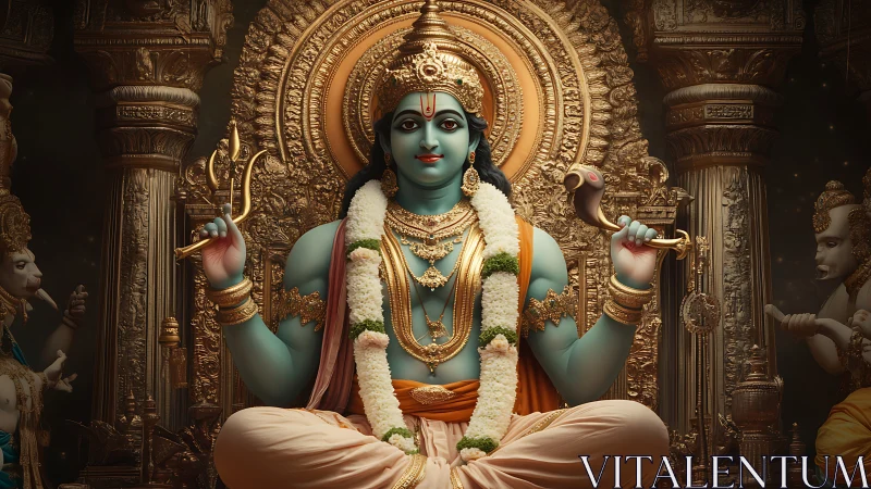 Seated blue-skinned deity holds ritual objects in ornate shrine