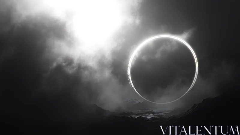 Luminous circular ring above dark mountainous landscape.