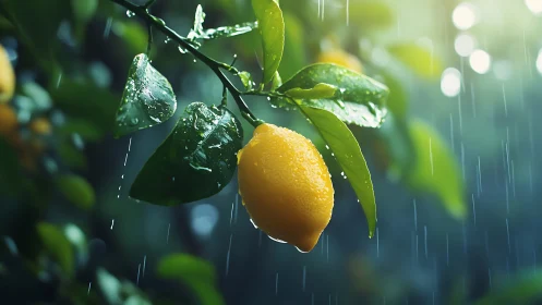 Lemon fruit and wet foliage on branch under rainfall conditions.