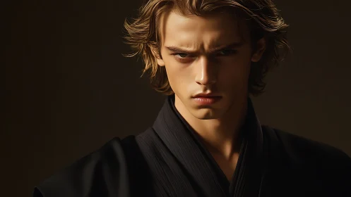 Brooding young warrior in dramatic warm portrait lighting.