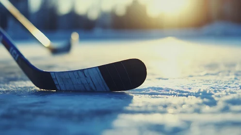 Outdoor hockey stick blade catches winter sunrise glow.
