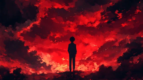 Silhouetted figure beneath crimson storm cloud vortex sky.