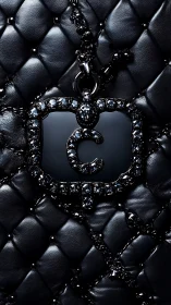 Black crystal monogram pendant on quilted leather macro closeup
