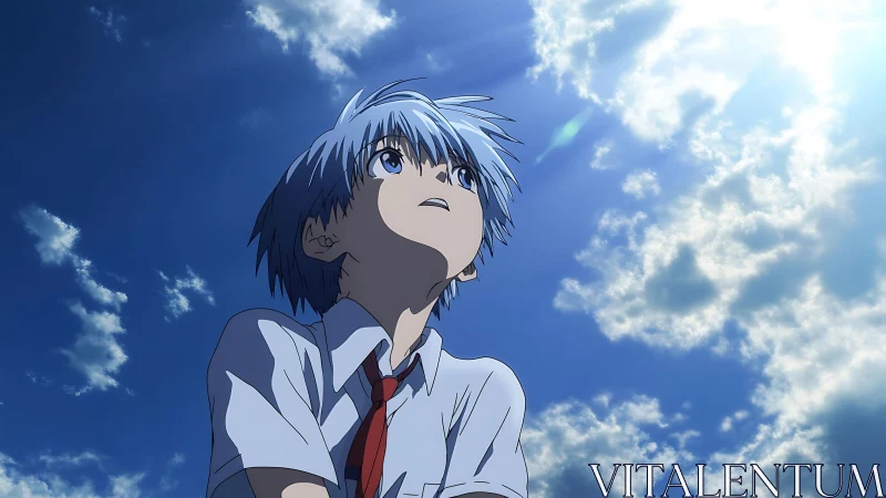 Sky-gazing anime teen under bright clouds and hopeful light.