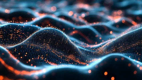 Glowing data waves form abstract digital particle landscape
