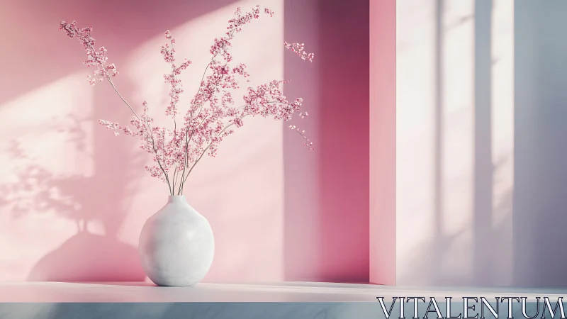 Soft pink blossoms in a simple white vase on sunny shelf.