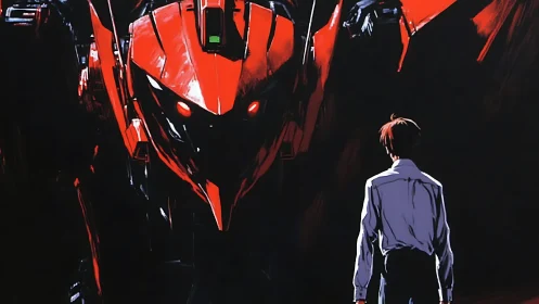 Boy confronts towering red mecha in stark shadowed hangar