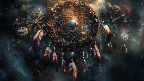 Celestial dreamcatcher drifting softly through starlit mist.