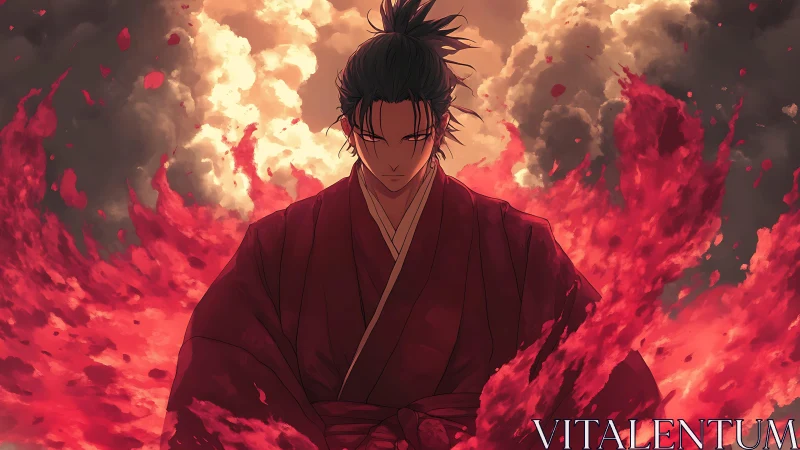 Samurai pyromancer amid storm-lit combustion vortex