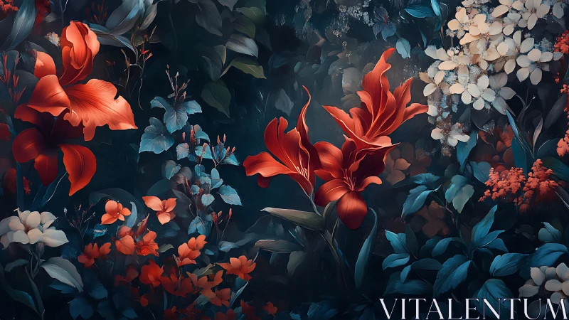 Vivid red lilies in dense dark blue floral garden scene.