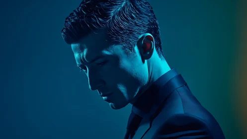 Moody blue portrait of a thoughtful man in soft light.