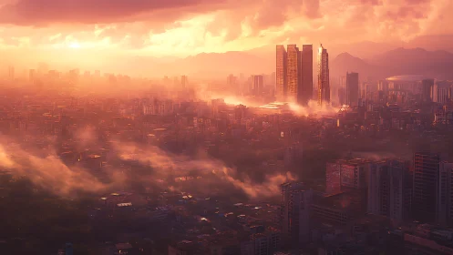 Sunlit megacity skyline glows through misty orange haze.