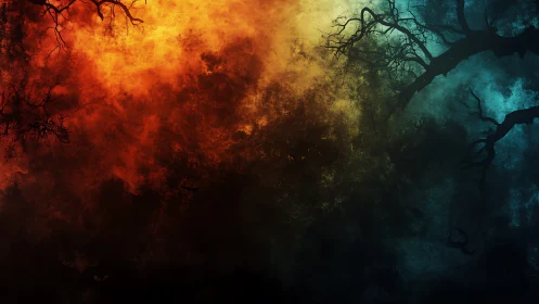 Twilight branches over fire and foggy twilight sky.