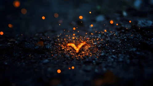 Glowing Ember Heart on Dark Ground, Moody Nighttime Scene.