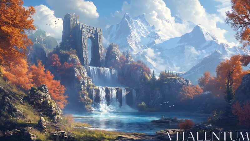 Ancient stone arch above tiered waterfalls in autumn valley.